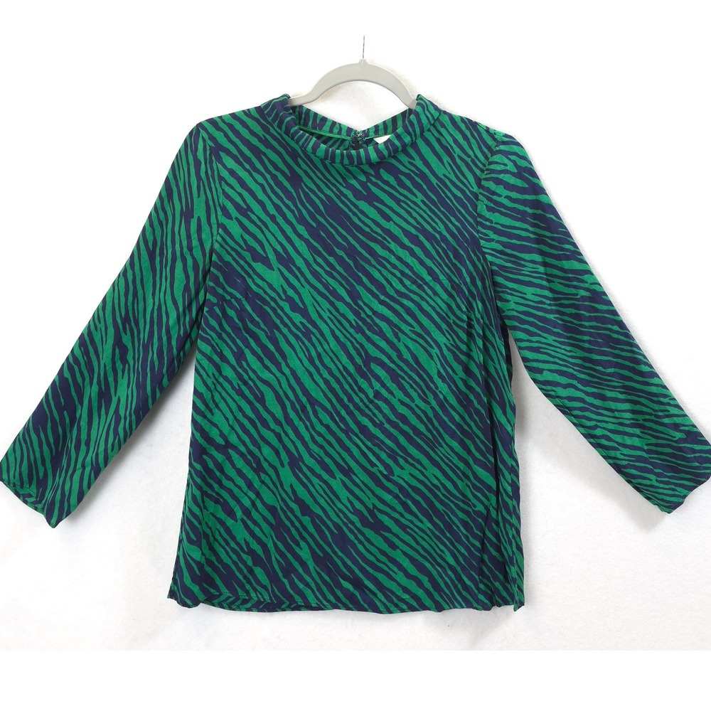 Boden Blouse Zebra Print Green Navy Womens 4R Bold Animal Print Top Chic Preppy